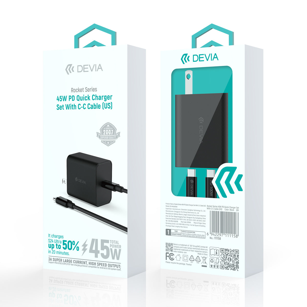 Cargador Devia 45W PD QC Con Cable Tipo C