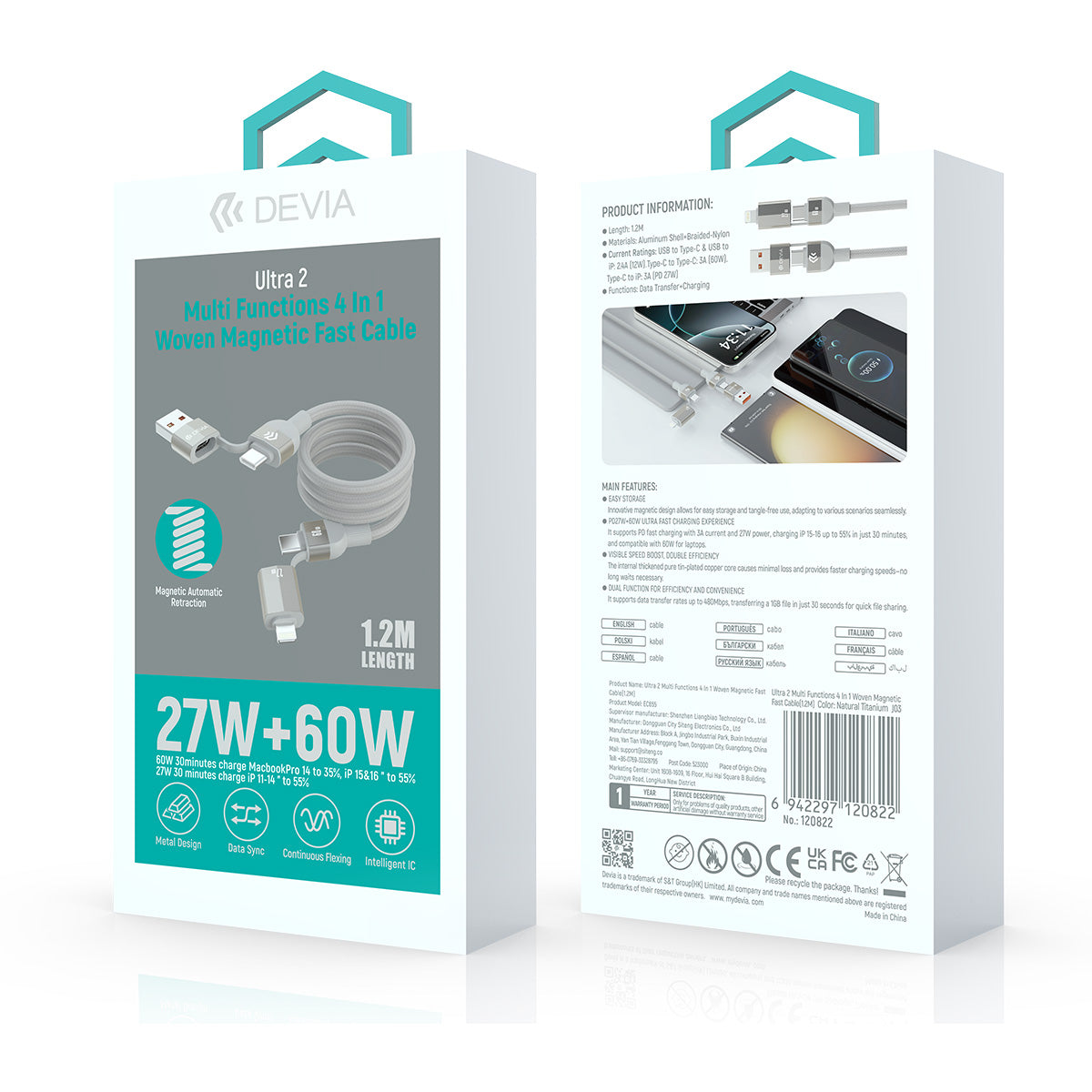 Cable Devia 4En1 Magnetic Usb-C-C-Ligt 1.2M